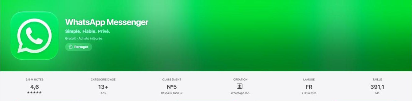 Page de WhatsApp Messenger sur l'App Store